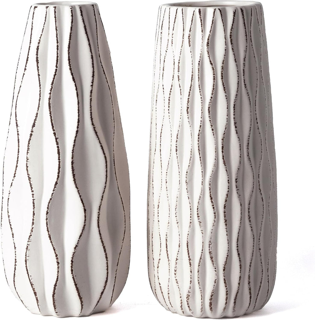 VICTOR & TERESA Ceramic Vase for Flowers, 10'' Set of 2 Decorative White Vases for Home Decor, Farmhouse Vases for Pampas Grass, Table, Mantel, Living Room, Shelf, Centerpieces, Gifts for Mom