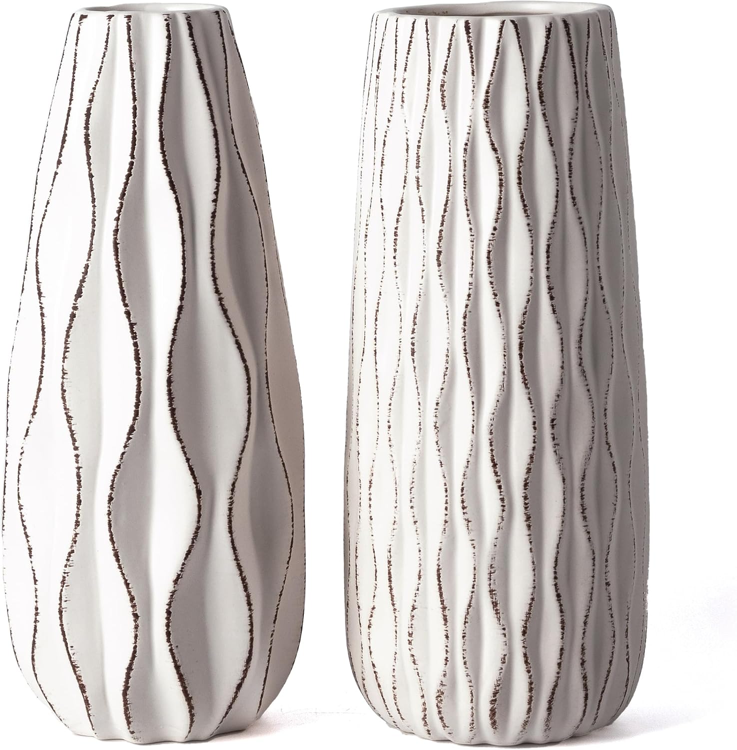 VICTOR & TERESA Ceramic Vase for Flowers, 10'' Set of 2 Decorative White Vases for Home Decor, Farmhouse Vases for Pampas Grass, Table, Mantel, Living Room, Shelf, Centerpieces, Gifts for Mom