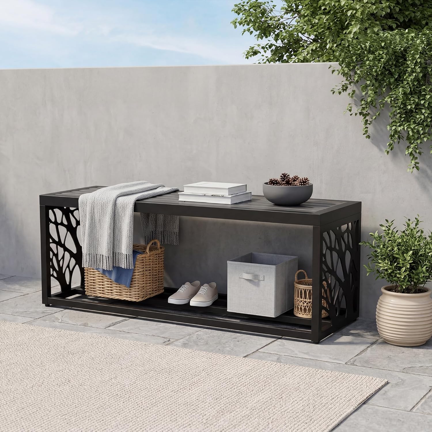 47" Outdoor Garden Bench with Storage Shelf, Modern Black Entryway Bench, Wood-Grain HDPE Seat, Galvanized Steel Frame with Powder Coating for Porch, Yard, Patio, Tree