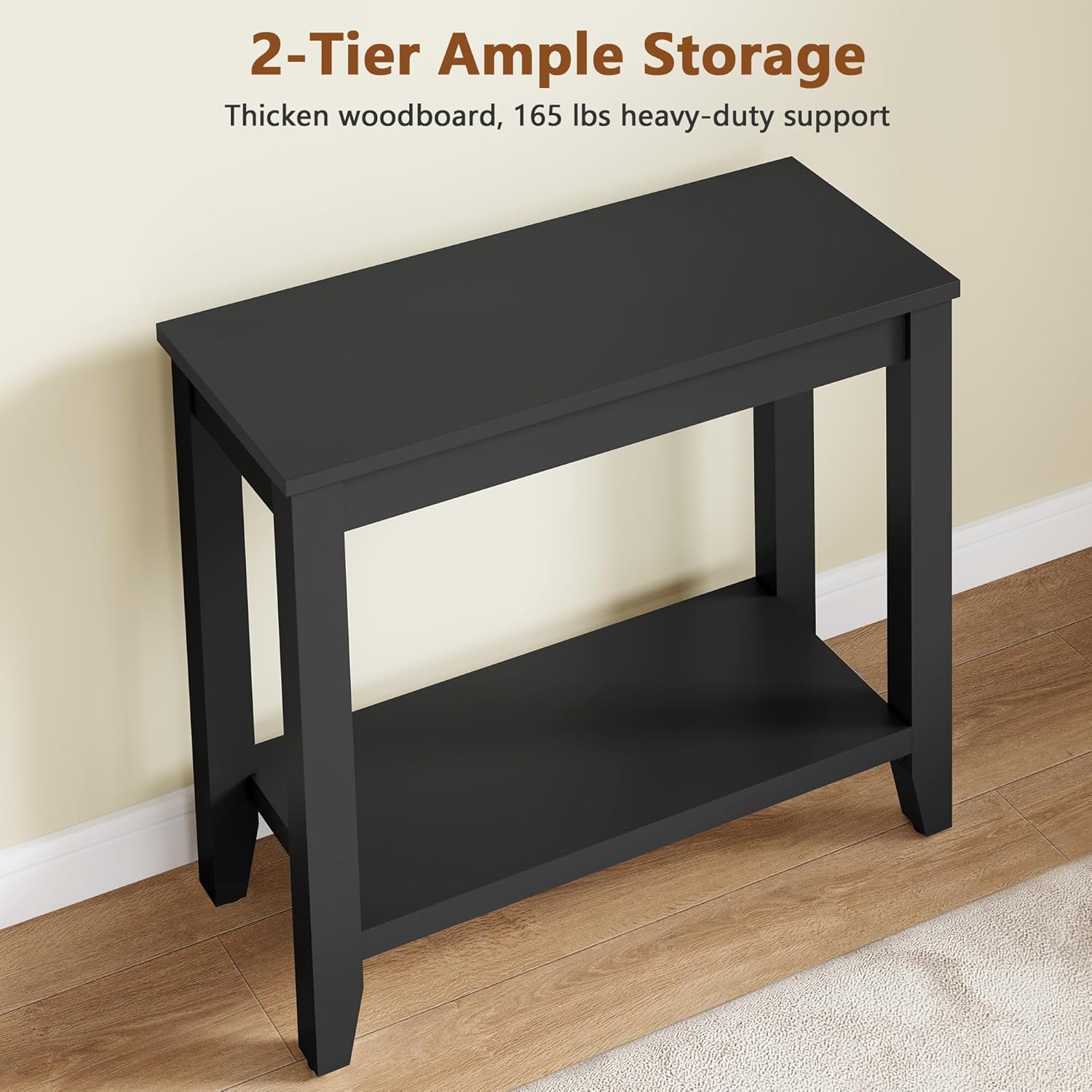 Hoctieon End Table with Double Storage Shelves, Sturdy Wooden Side Table for Living Room, Bedroom, Modern Nightstand Sofa Table for Small Spaces, Black
