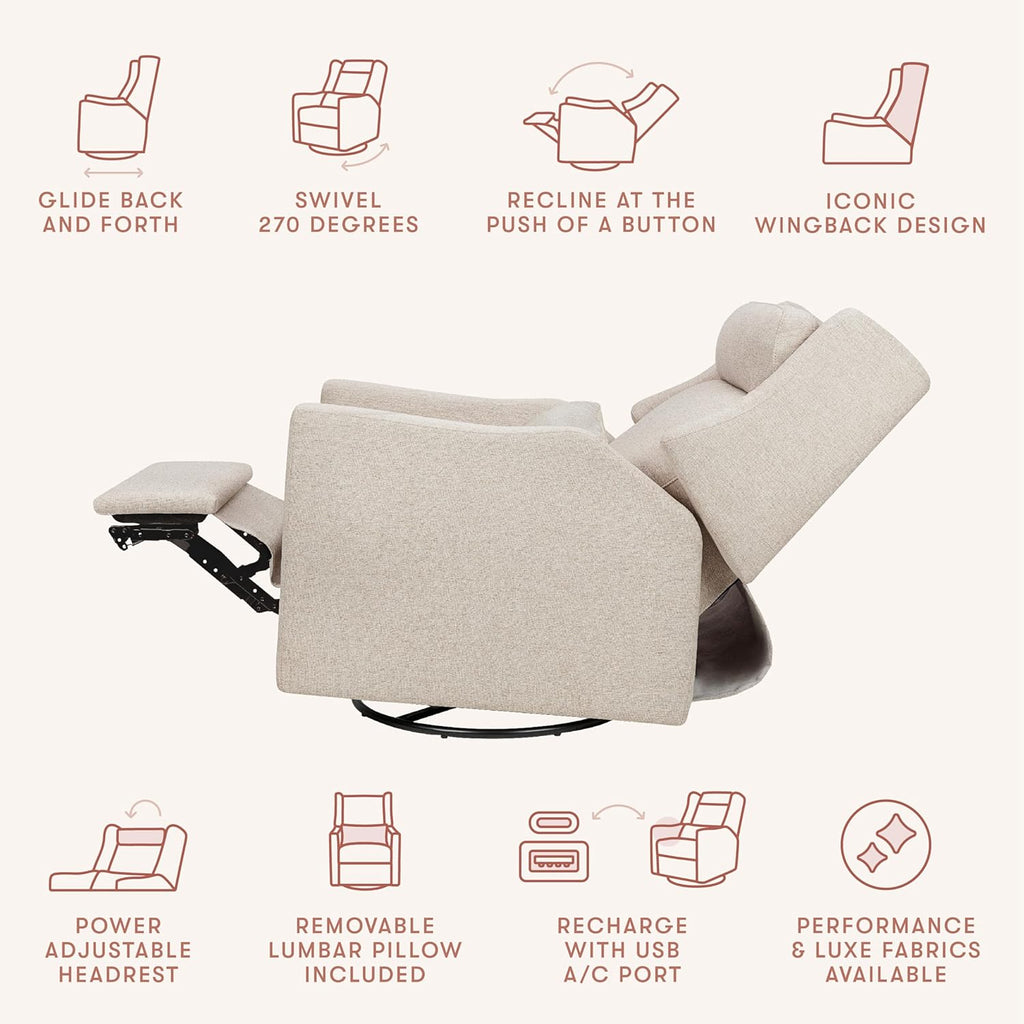Babyletto Kiwi Plus Power Recliner and Swivel Glider with Power Headrest and USB Port in Performance Beach Eco-Weave, Water Repellent & Stain Resistant, Greenguard Gold and CertiPUR-US Certified