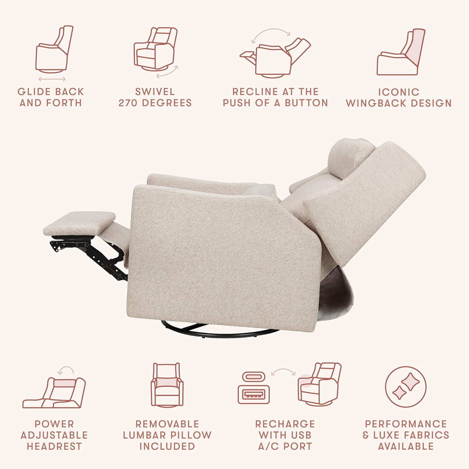 Babyletto Kiwi Plus Power Recliner and Swivel Glider with Power Headrest and USB Port in Performance Beach Eco-Weave, Water Repellent & Stain Resistant, Greenguard Gold and CertiPUR-US Certified