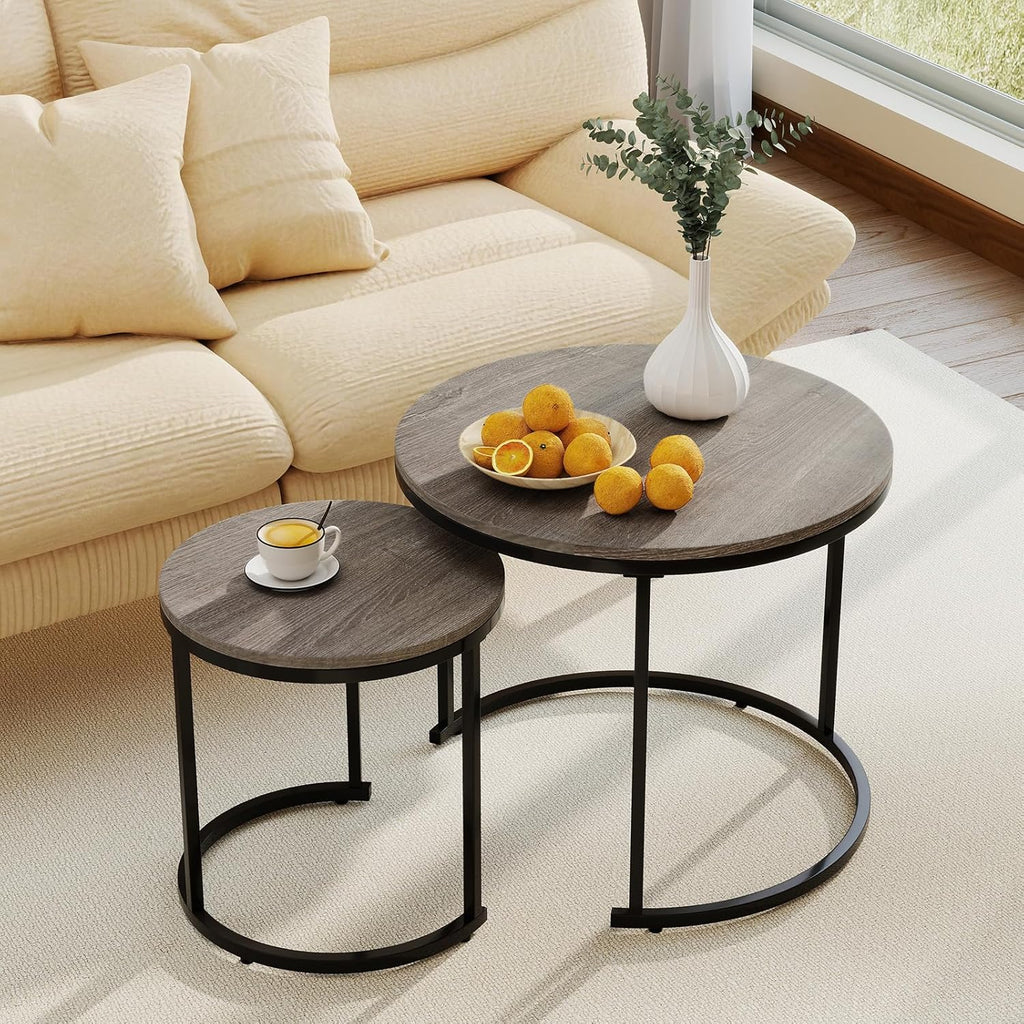 Giantex Nesting Coffee Table Set of 2, Round Stacking Side Tables with Wooden Tabletop & Powder Coated Steel Frame, Space Saving Vintage End Tables for Living Room, Balcony, Office (Grey Oak)