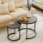 Giantex Nesting Coffee Table Set of 2, Round Stacking Side Tables with Wooden Tabletop & Powder Coated Steel Frame, Space Saving Vintage End Tables for Living Room, Balcony, Office (Grey Oak)
