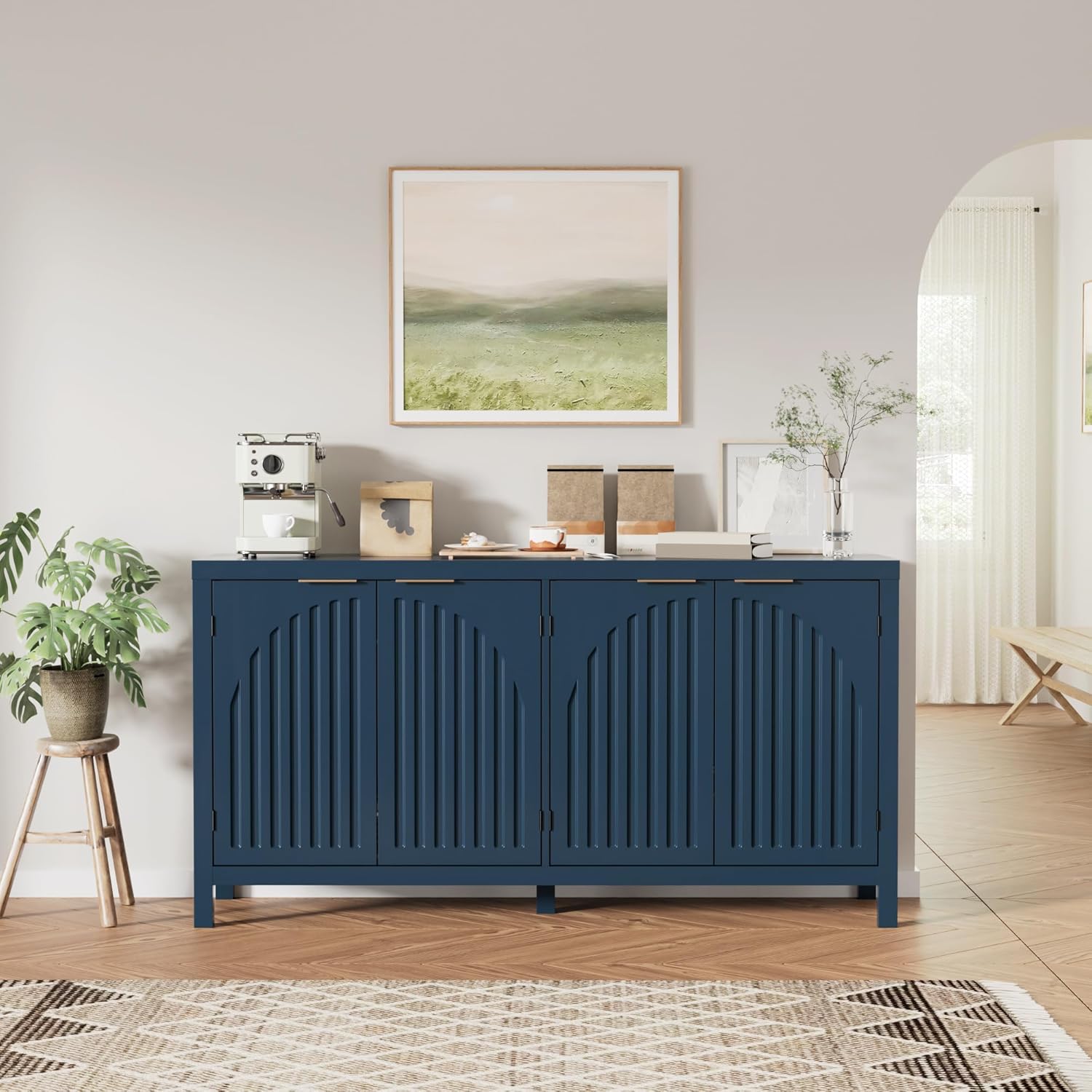 Fluted Sideboard Buffet Cabinet with Storage, 58" Mid Century Modern Accent Cabinet with Arch Doors, Large Wood Media TV Console Table Credenza for Dining Room, Kitchen, Living Room Entryway, Blue