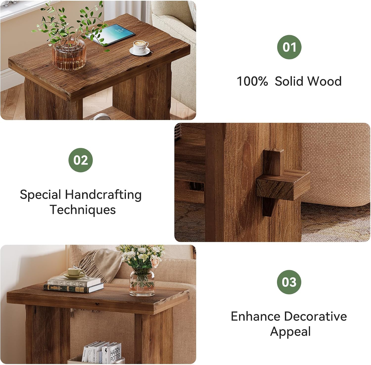 Solid Wood Side Table, 2-Tier End Table with Solid Base, Accent Furniture Bedside Nightstand Storage for Living Room and Bedroom, Small Spaces, Assembly Required