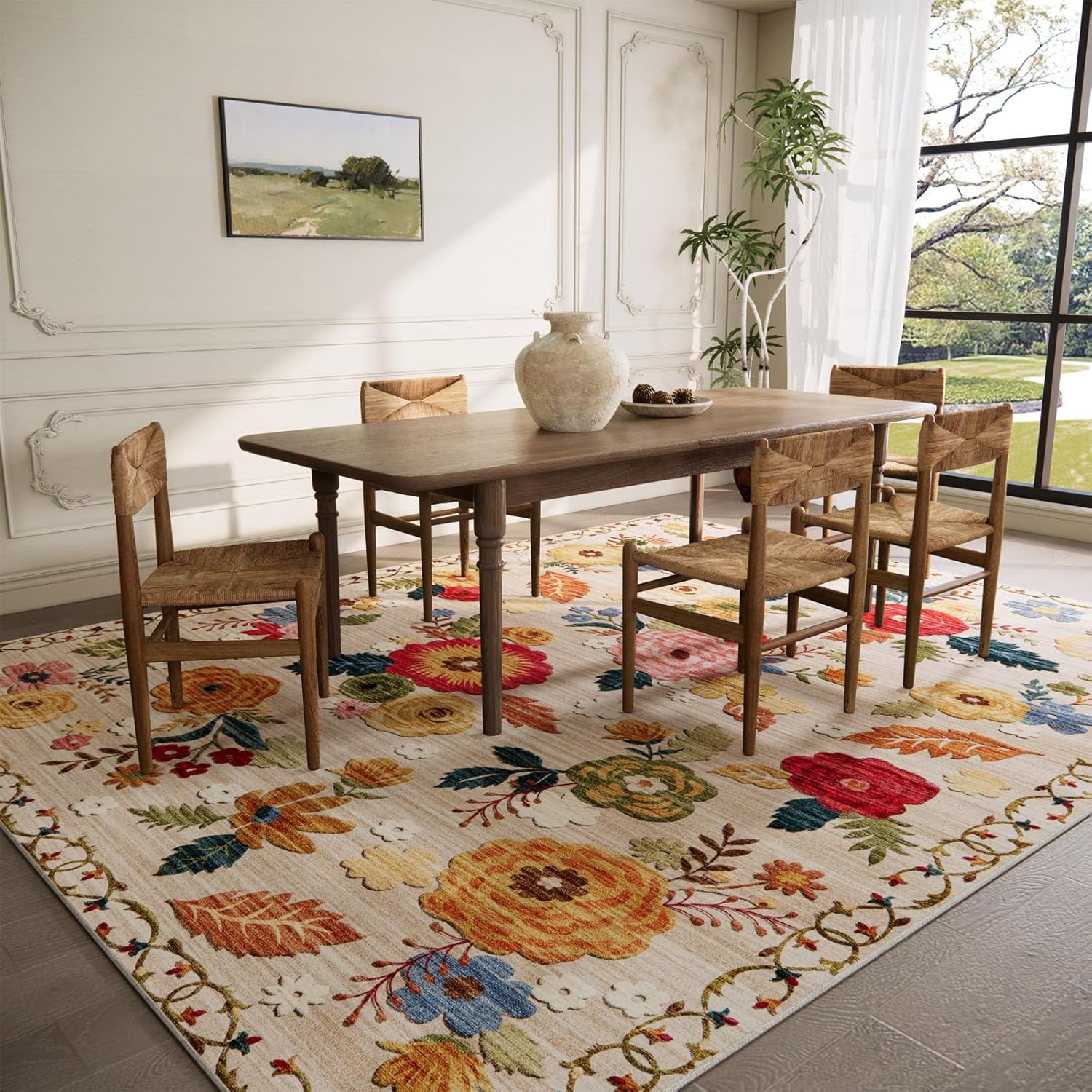8x10 Area Rugs for Living Room: Washable Rug Non Slip Low Pile Soft Faux Wool Non Shedding Distressed Vintage Floral Large Area Rugs for Bedroom Dining Room Nursery Under Table Farmhouse Home Office