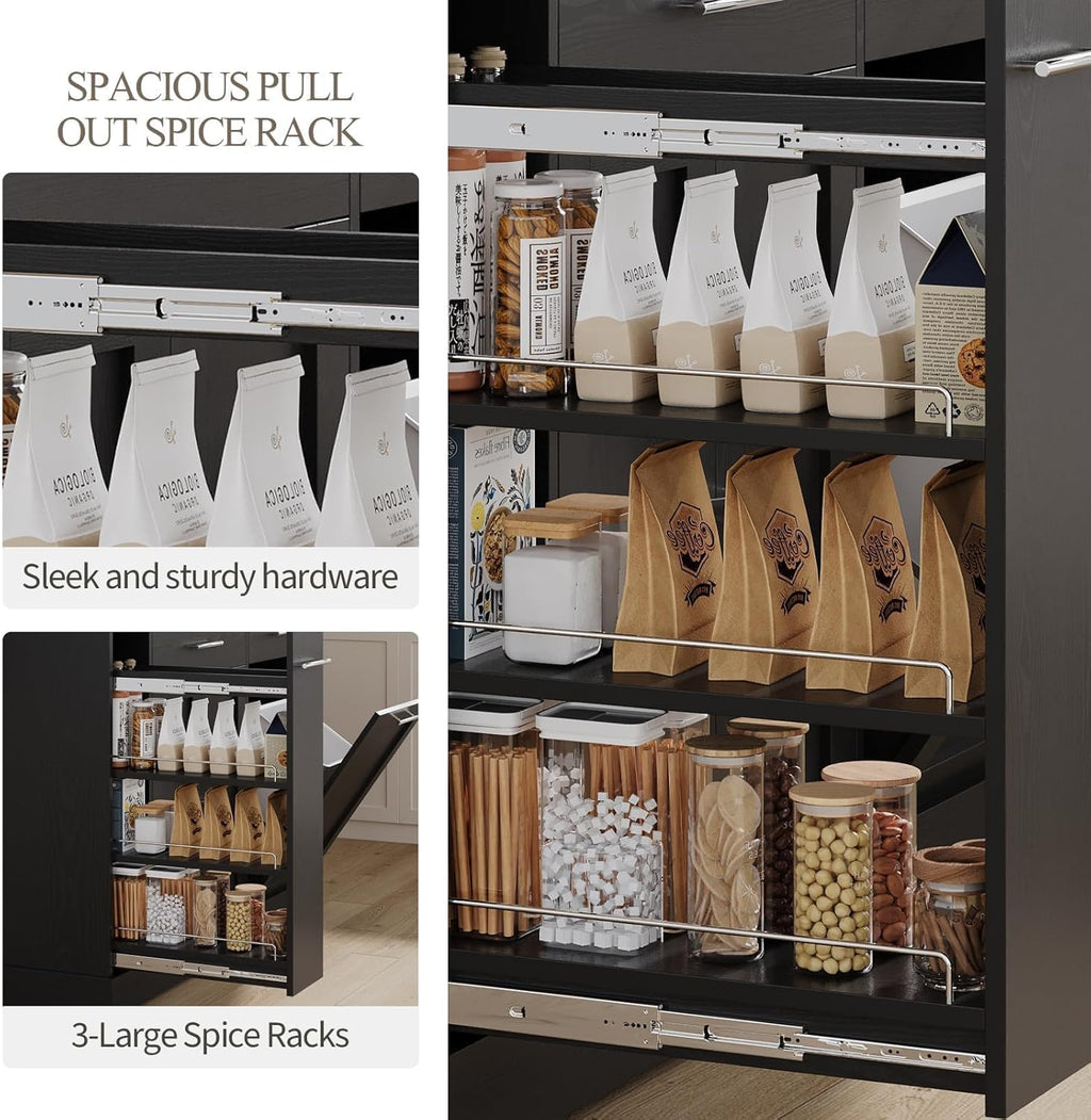 4 EVER WINNER 53" Kitchen Island Cart with Hidden Trash Storage, 3-Tier Spice Rack & Adjustable Shelves, Mobile Kitchen Counter on 5-Wheel Casters, Black