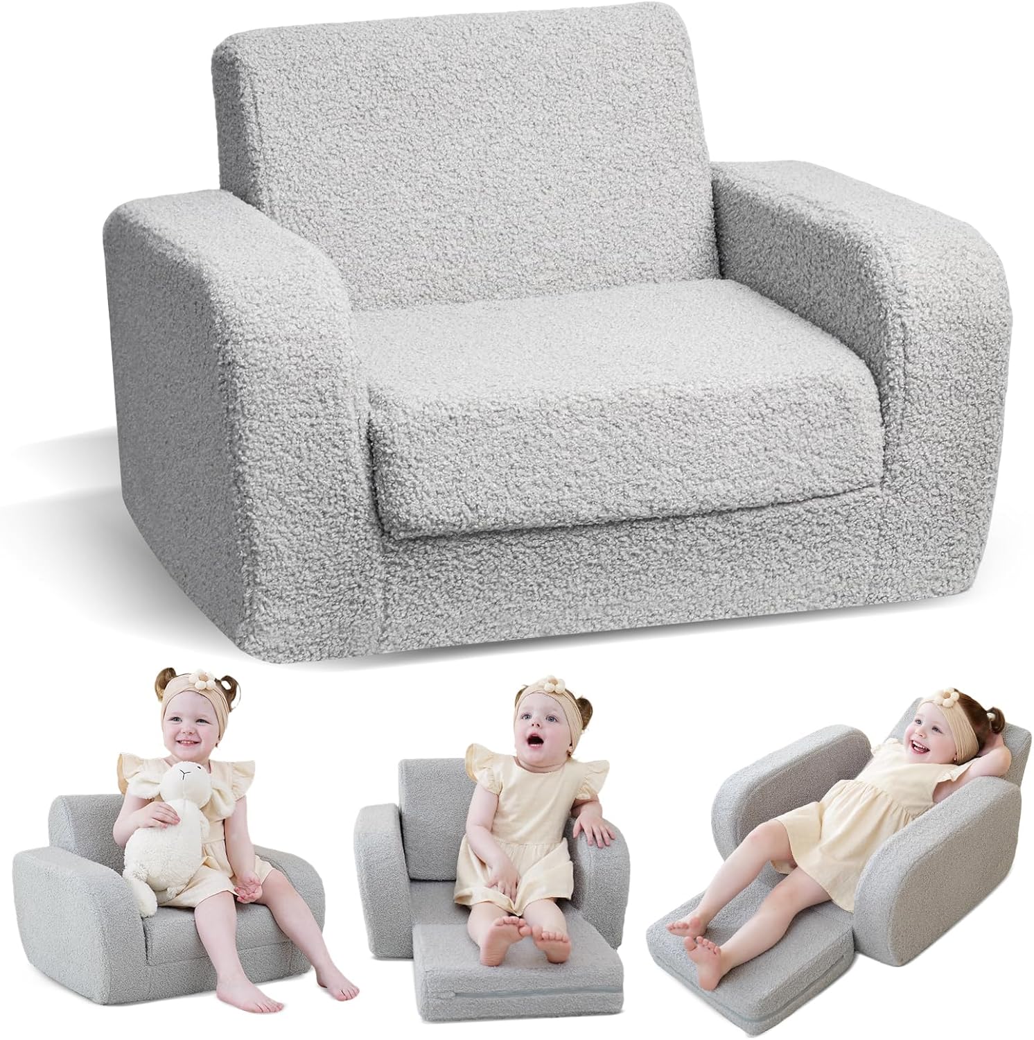 KidBloom 3-in-1 Toddler Couch, Toddler Chairs Comfy 2-3 Years Old, Kids Couch Bed Fold Out, Gifts for 2 3 Year Old Girls Boys
