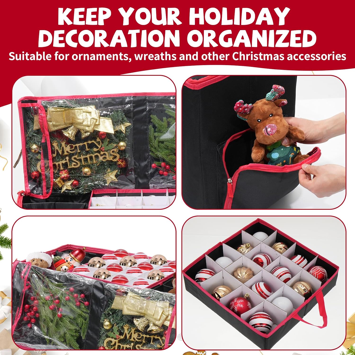 2-in-1 Christmas Ornament Storage Box & Xmas Figurine Container with Dual Zipper Closure Adjustable Dividers and Removable Trays Premium Christmas Ornament Storage Containerd(Black)