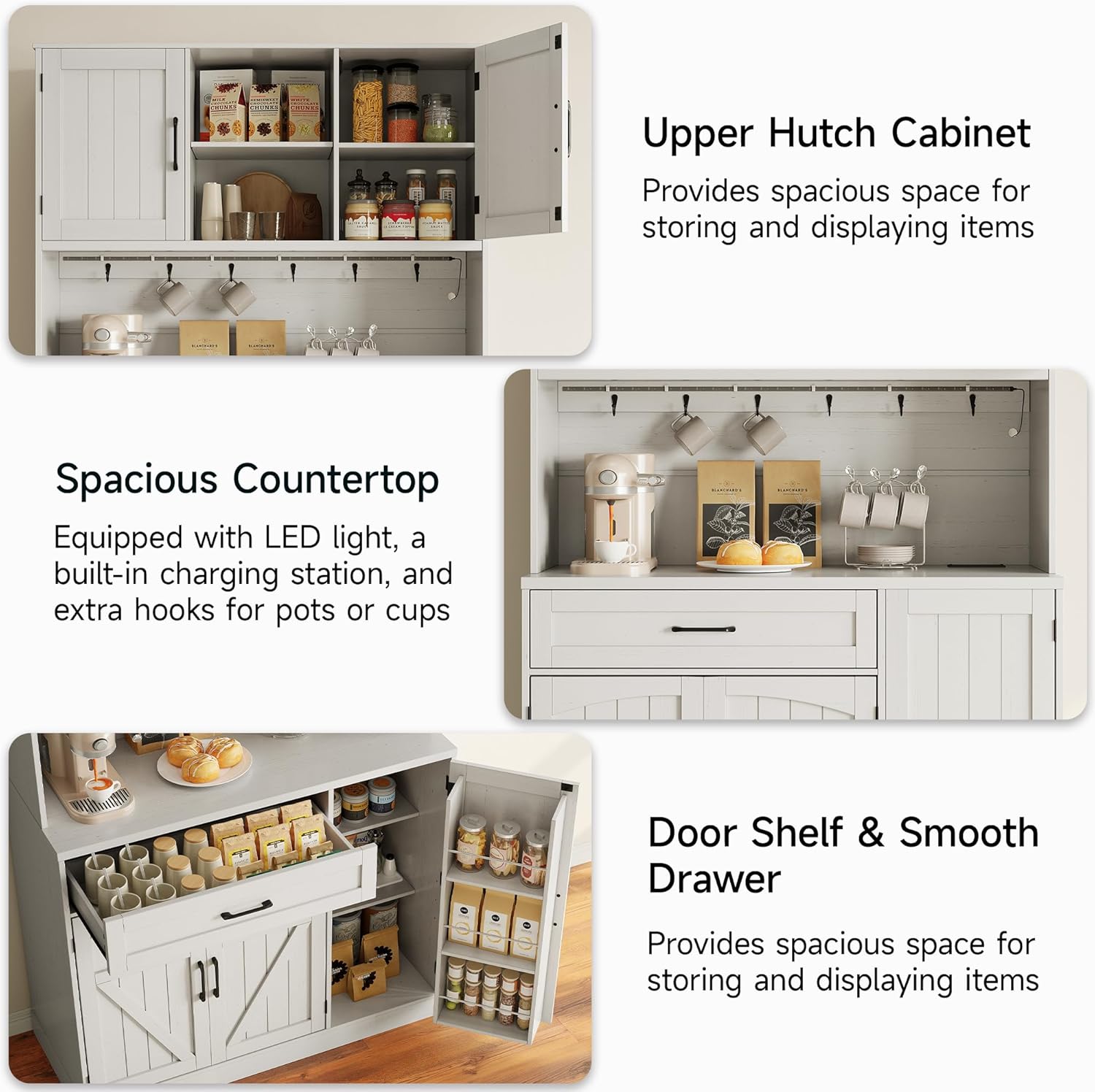 71” Tall Kitchen Pantry Cabinet with LED Light & Outlet & Drawer, Pantry Storage Cabinet with Microwave Shelf & 6 Hooks, Kitchen Hutch with Door Shelves & Adjustable Shelves, for Dining Room