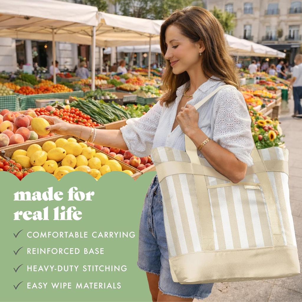 Fit & Fresh Insulated Grocery Tote Bag – Large Reusable Thermal Cooler Bag for Shopping, Food Delivery & Catering – Premium Leak Resistant Food Carrier, Foldable Soft Cooler, Taupe Stripe