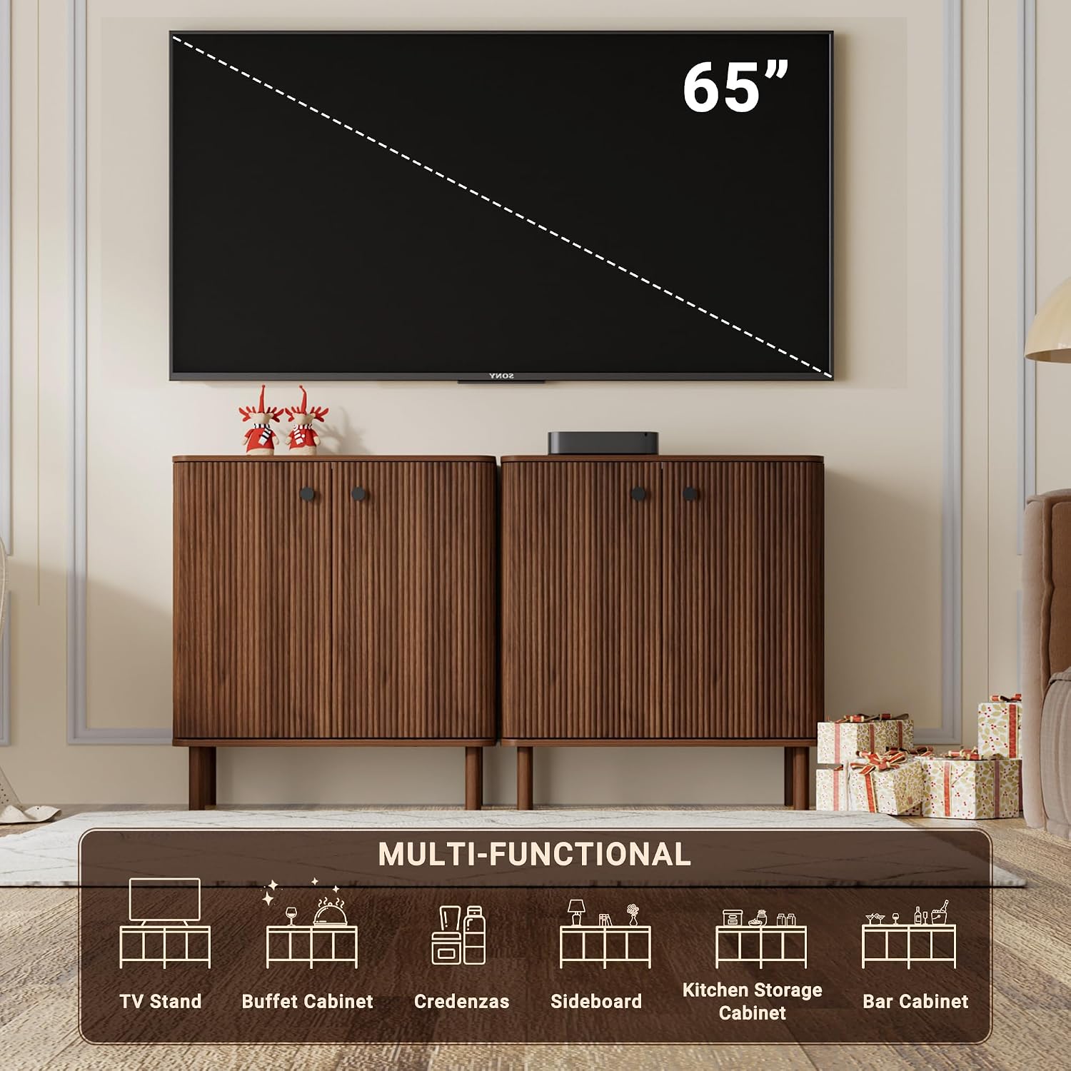 Fluted Sideboard Cabinet, Modern Buffet Cabinet, Small Storage Cabinet with Adjustable Shelves & Wood Legs, Accent Credenza Sideboard for Kitchen, Coffee Bar, Living Room, Entryway, Hallway