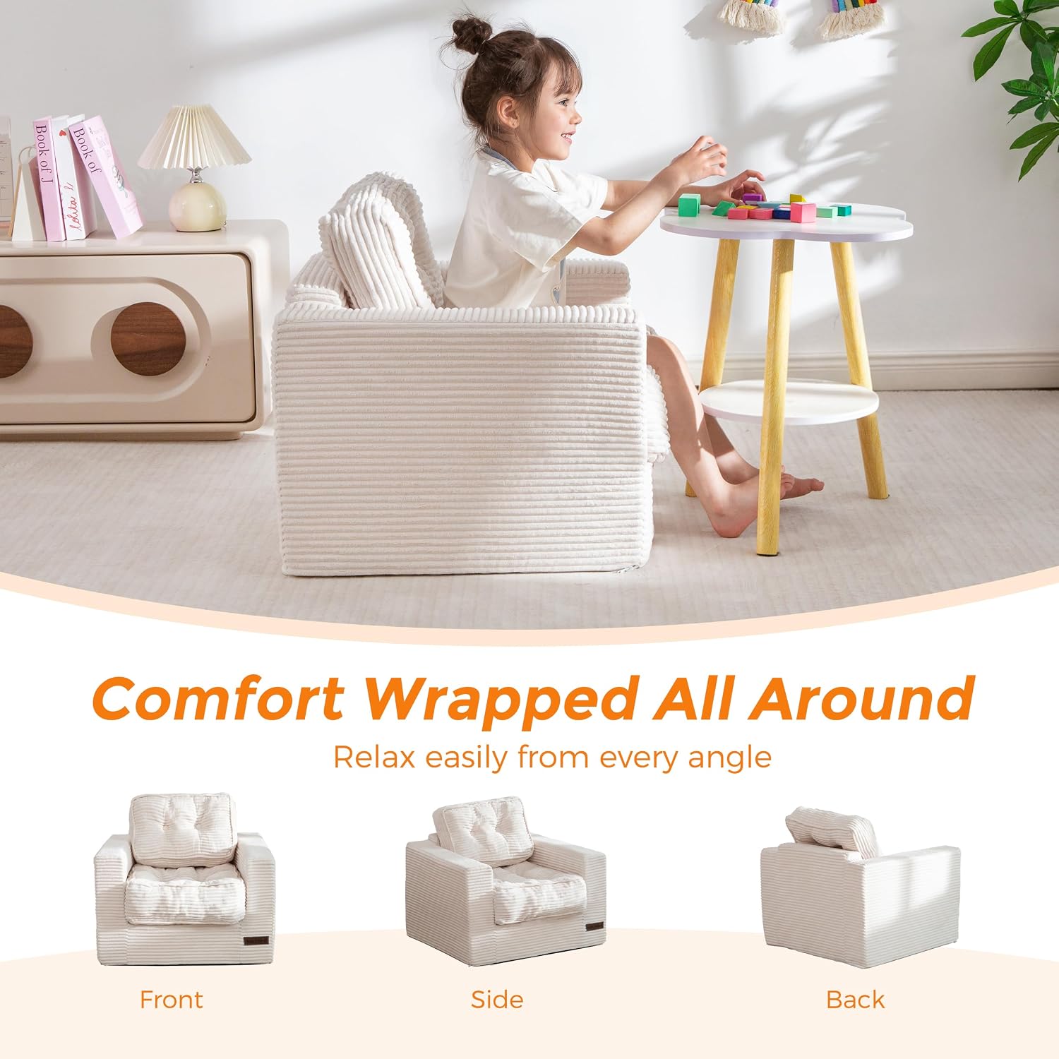 MAXYOYO Kids Bean Bag Chair, Upholstered Bean Bag Sofa Cloud Seat | Boneless Couch with Tufted Cushion & Pillows, Kids Sofa in A Box, No Assembly Required, Beige, Single