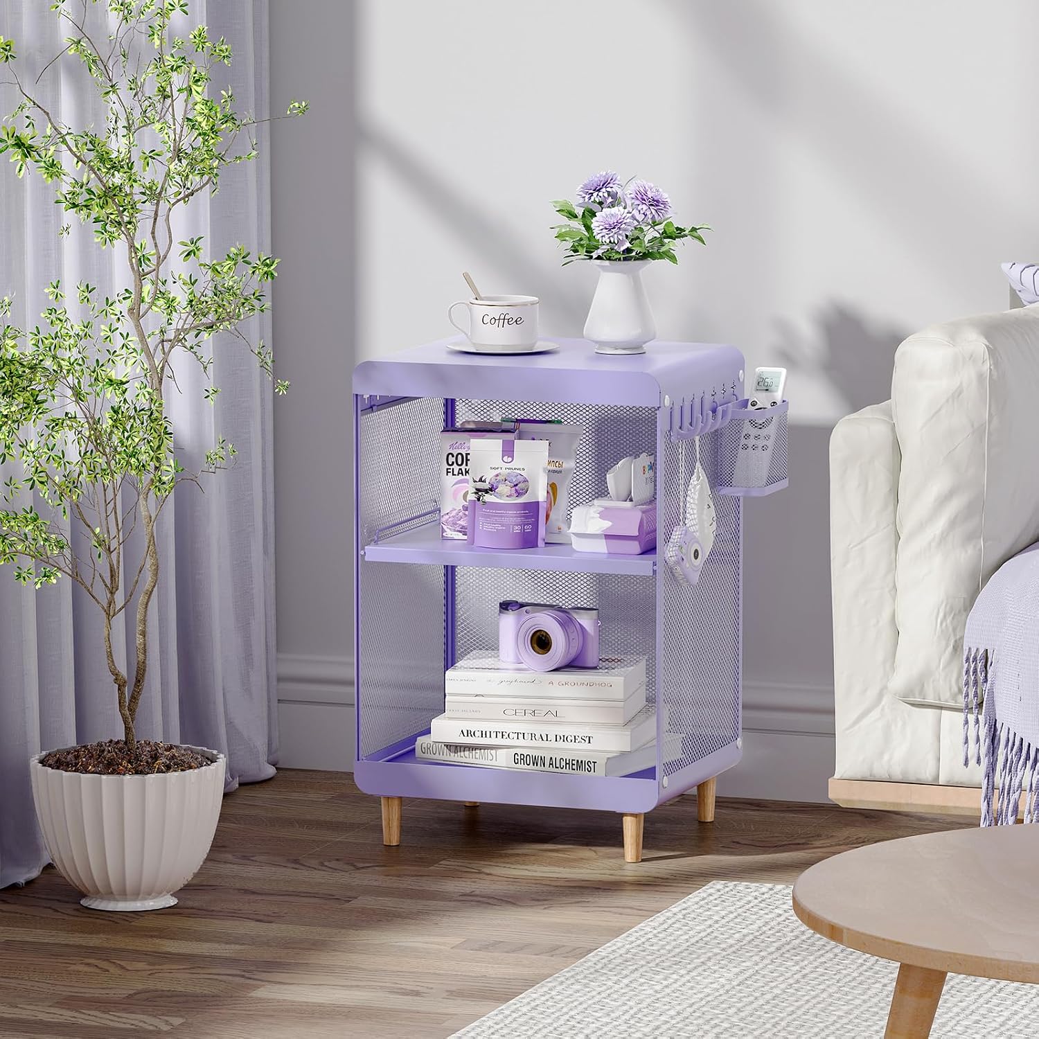 SYKIARIOL Kids Nightstand for Girls, 3-Tier Storage Shelf, Purple | Metal Bedside Table with 4 Hooks & Hanging Basket, Toddler Night Stand for Bedroom