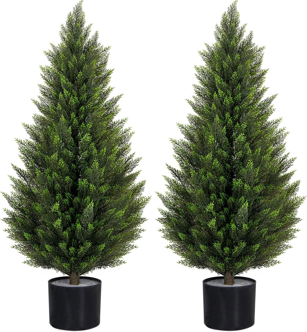 Artificial Cedar Trees 3FT Faux Cedar Topiary Evergreen Plants UV Resistant Outdoor Indoor Fake Cypress Pine Trees with Planter for Front Porch Entryway Patio Garden Home Decor Set of 2