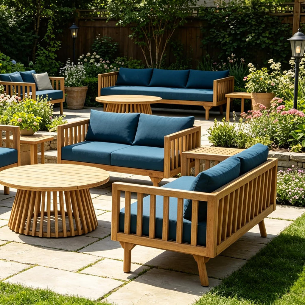 Lounge Chairs for Poolside- 2 Piece Outdoor Patio Furniture Set, Acacia Wood 3-Seater Patio Sofa with Cushions & Round Fluted Coffee Table(Color:Blue)