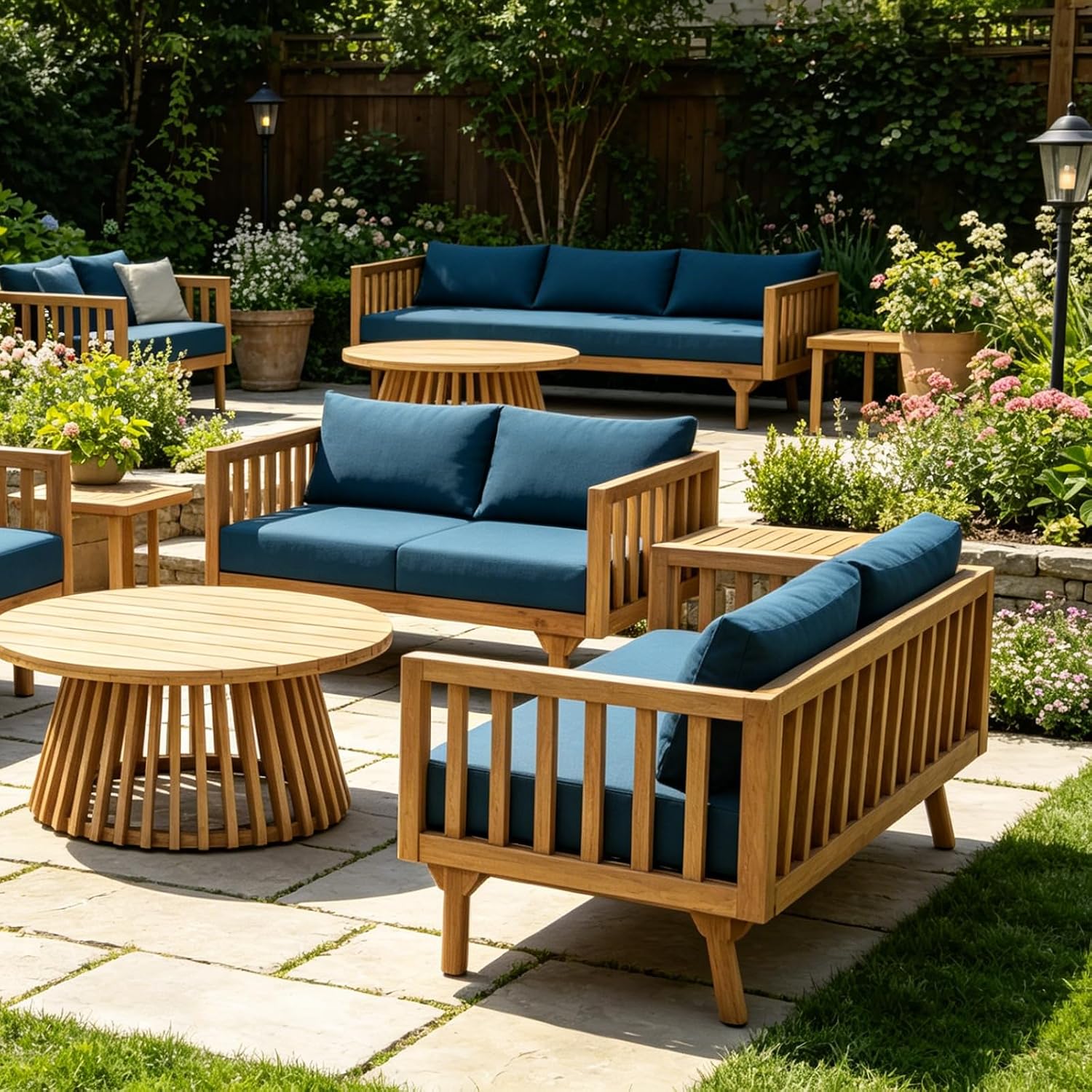 Lounge Chairs for Poolside- 2 Piece Outdoor Patio Furniture Set, Acacia Wood 3-Seater Patio Sofa with Cushions & Round Fluted Coffee Table(Color:Blue)