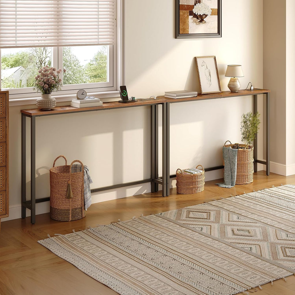 HOOBRO 47.2" Narrow Console Table with Power Outlet, 5.9" Behind Couch Table with Charging Station, Long Sofa Side Table, Skinny Entryway Table for Living Room, Hallway, Foyer, Rustic Brown BF15XG01G1
