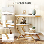 Tribesigns C-Shaped End Table, Industrial 3-Tier Small Side Table for Couch, Wood Bedside Table Snack Side Table with Storage Shelves for Living Room Small Space, White Gold