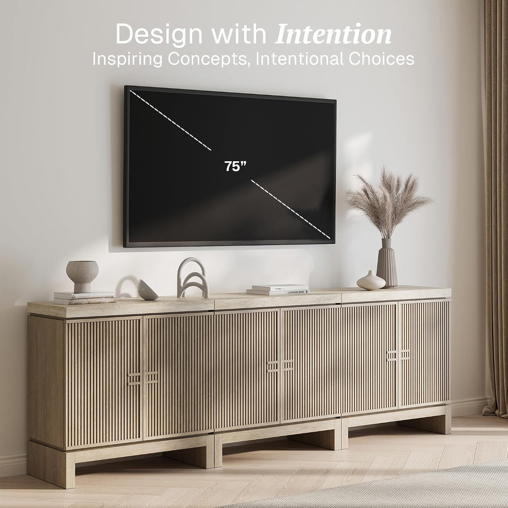 BELLEZE Set of 3 Anton Sideboard Buffet Cabinet - Travertine Greige | 94.5 Inches,Fluted Reeded Door,Travertine-Look Top,Adjustable Shlef,Living Room Dining Room Entryway