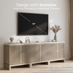 BELLEZE Set of 3 Anton Sideboard Buffet Cabinet - Travertine Greige | 94.5 Inches,Fluted Reeded Door,Travertine-Look Top,Adjustable Shlef,Living Room Dining Room Entryway