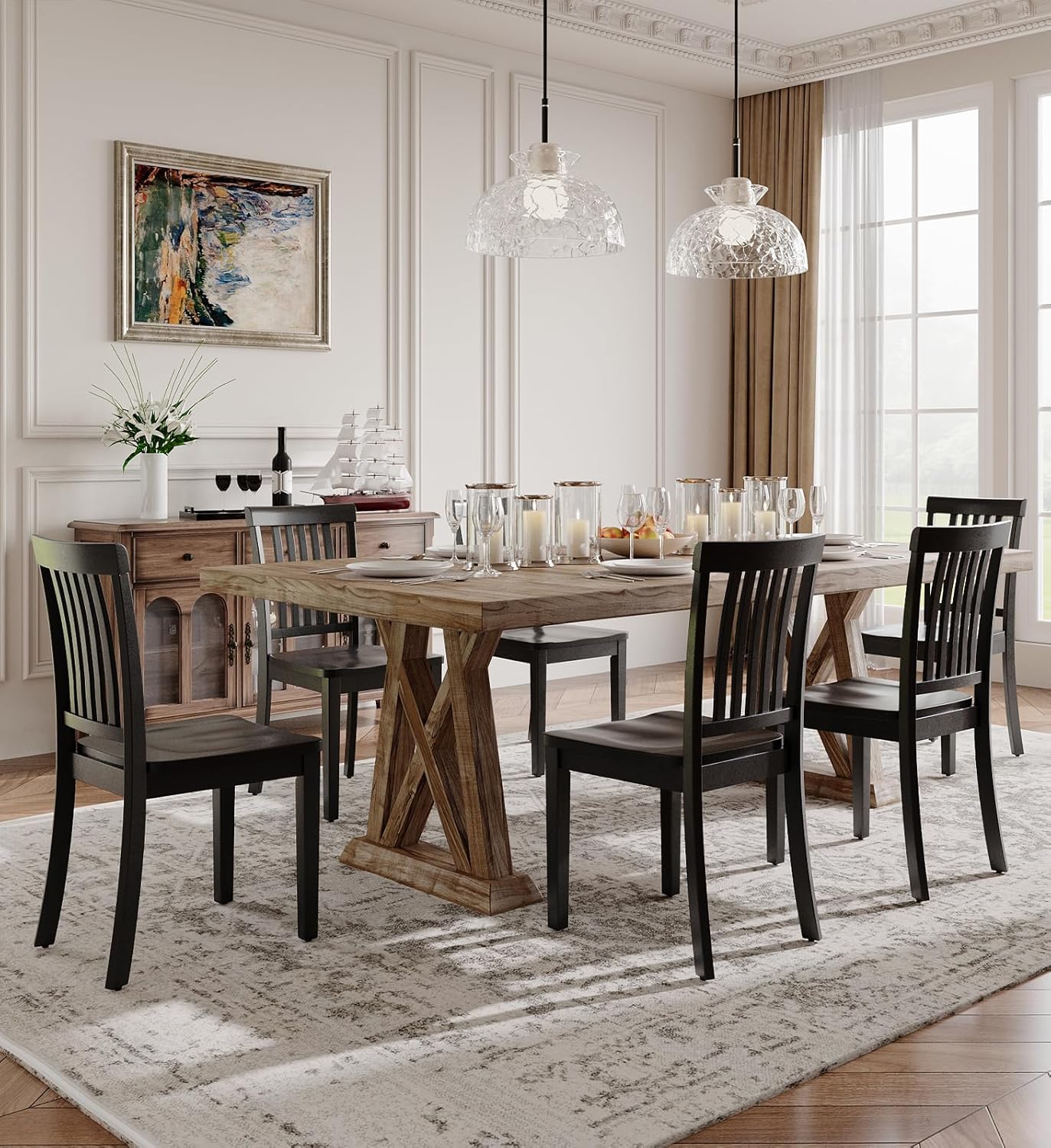 Farmhouse Dining Chairs Set of 6 – Solid Wood Rustic Kitchen Chairs with Spindle High Backrest and 17.3-Inch Wide Seat, French Country Style for Dining Room