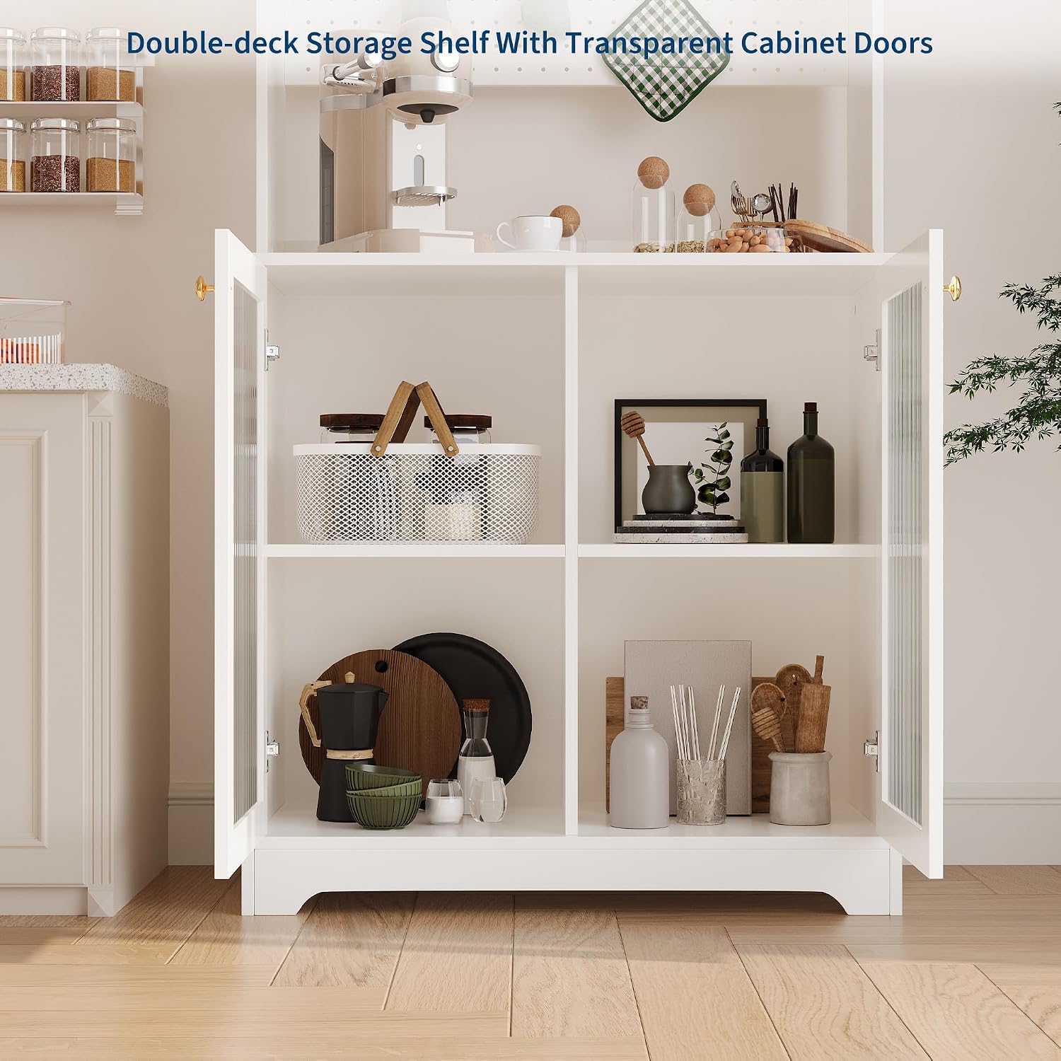 TrailBlaze Versatile Freestanding Kitchen Pantry Cabinet - 71" Tall Sideboard Buffet with Pegboard, 2 Glass Doors, Adjustable Shelves & 6 Hooks, Multi-Compartment Storage for Dining Room or Hallway