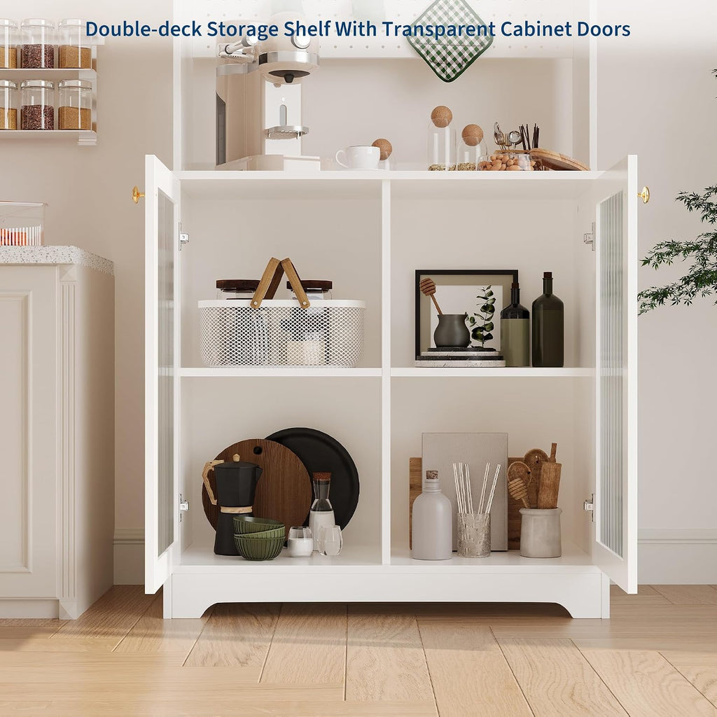 Kitchen Pantry Cabinet,71-Inch Freestanding Storage Cupboard with 7 Compartments, DIY Pegboard, 2 Glass Doors & Adjustable Shelves – Versatile Storage for Kitchen, Dining Room, Hallway(White)