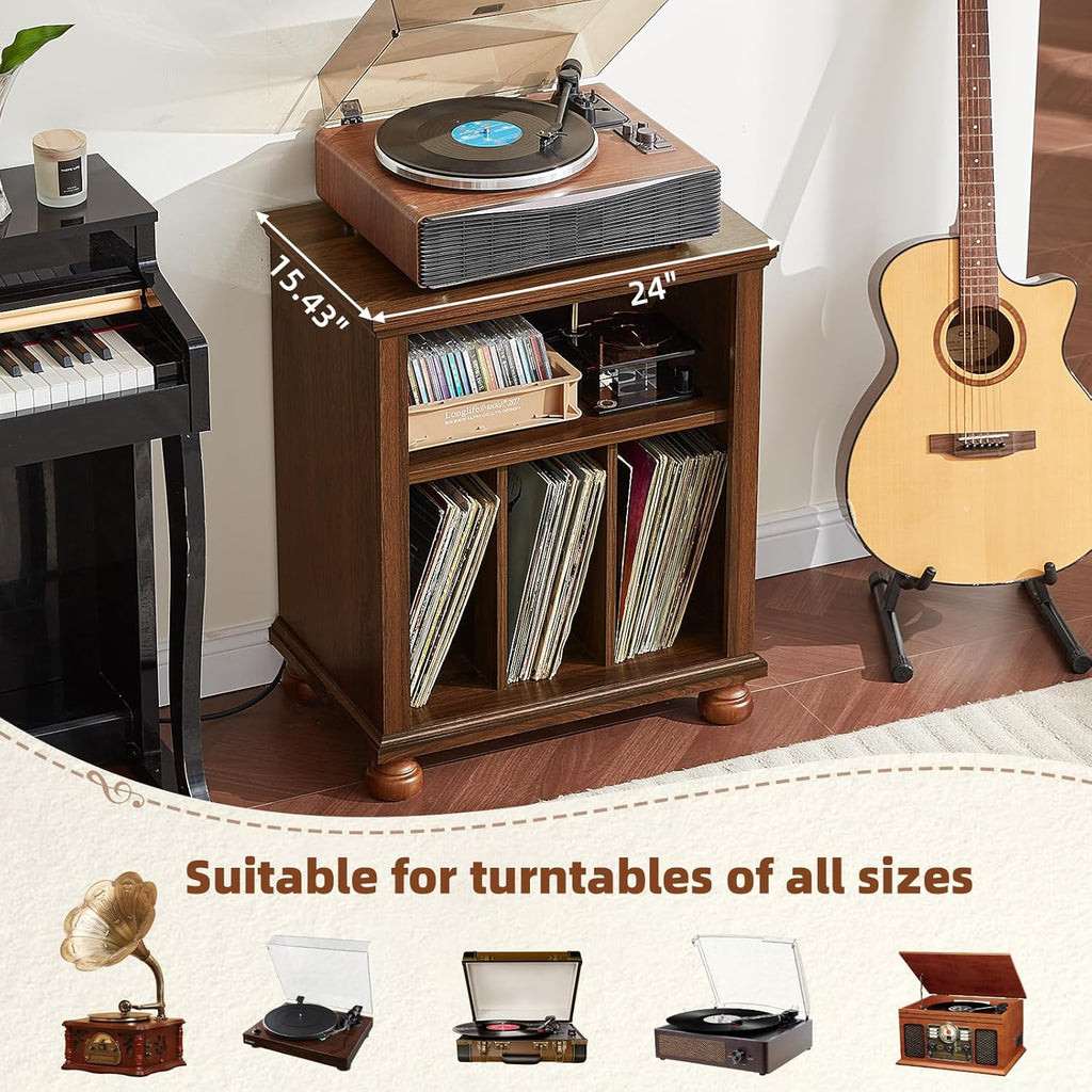 Joaxswe Record Player Stand with Charging Station Up to 200 Albums, 24" Wide Mid-Century Record Player Table with Vinyl Record Storage,Large Wood Turntable Stand Dispaly Cabinet for Living Room,Brown