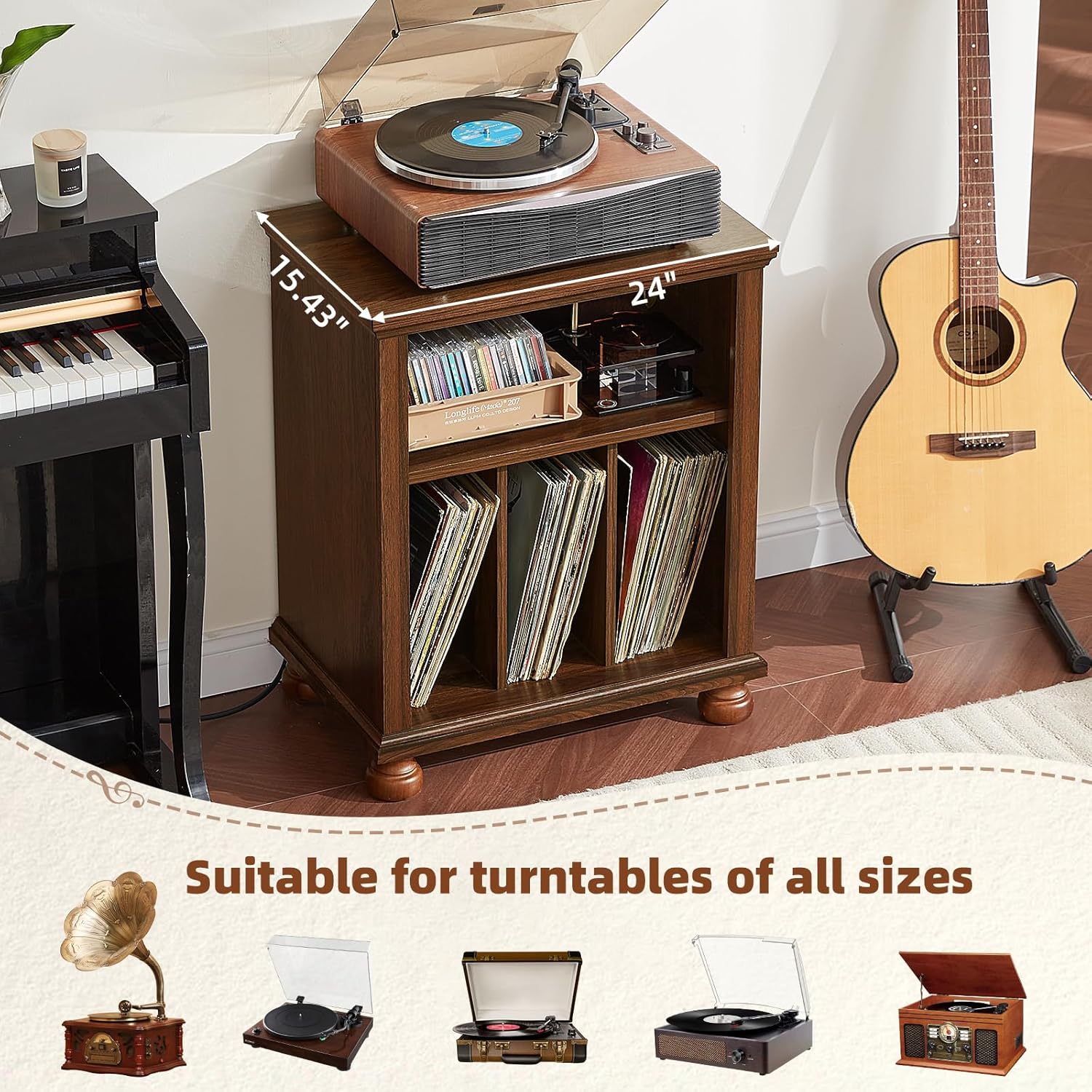 Joaxswe Record Player Stand with Charging Station Up to 200 Albums, 24" Wide Mid-Century Record Player Table with Vinyl Record Storage,Large Wood Turntable Stand Dispaly Cabinet for Living Room,Brown