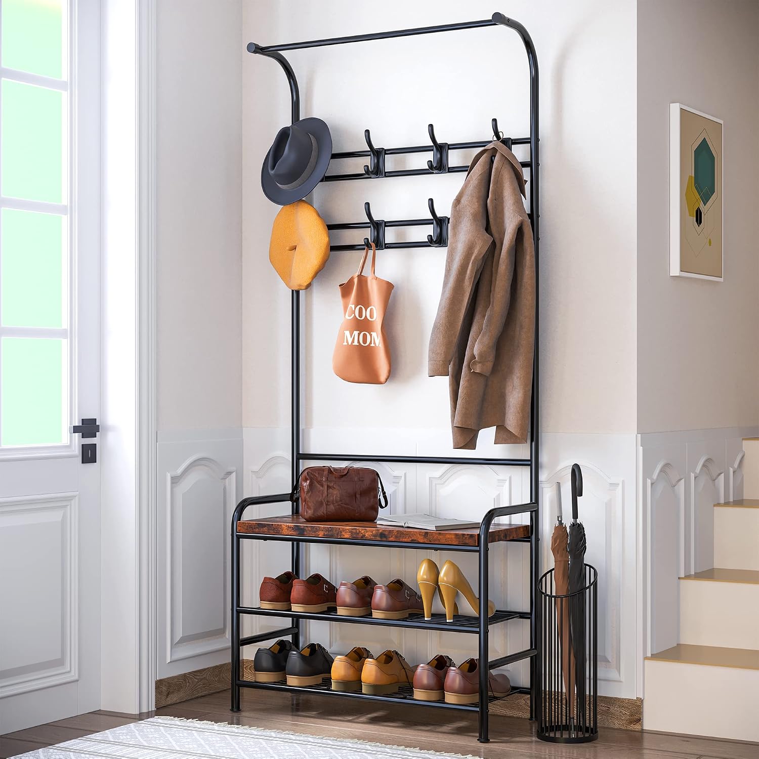 Alkmaar Entryway Bench with Coat Rack, Retro Brown, Made of Engineered Wood, 23.5" L x 11.8" W x 70.7" H