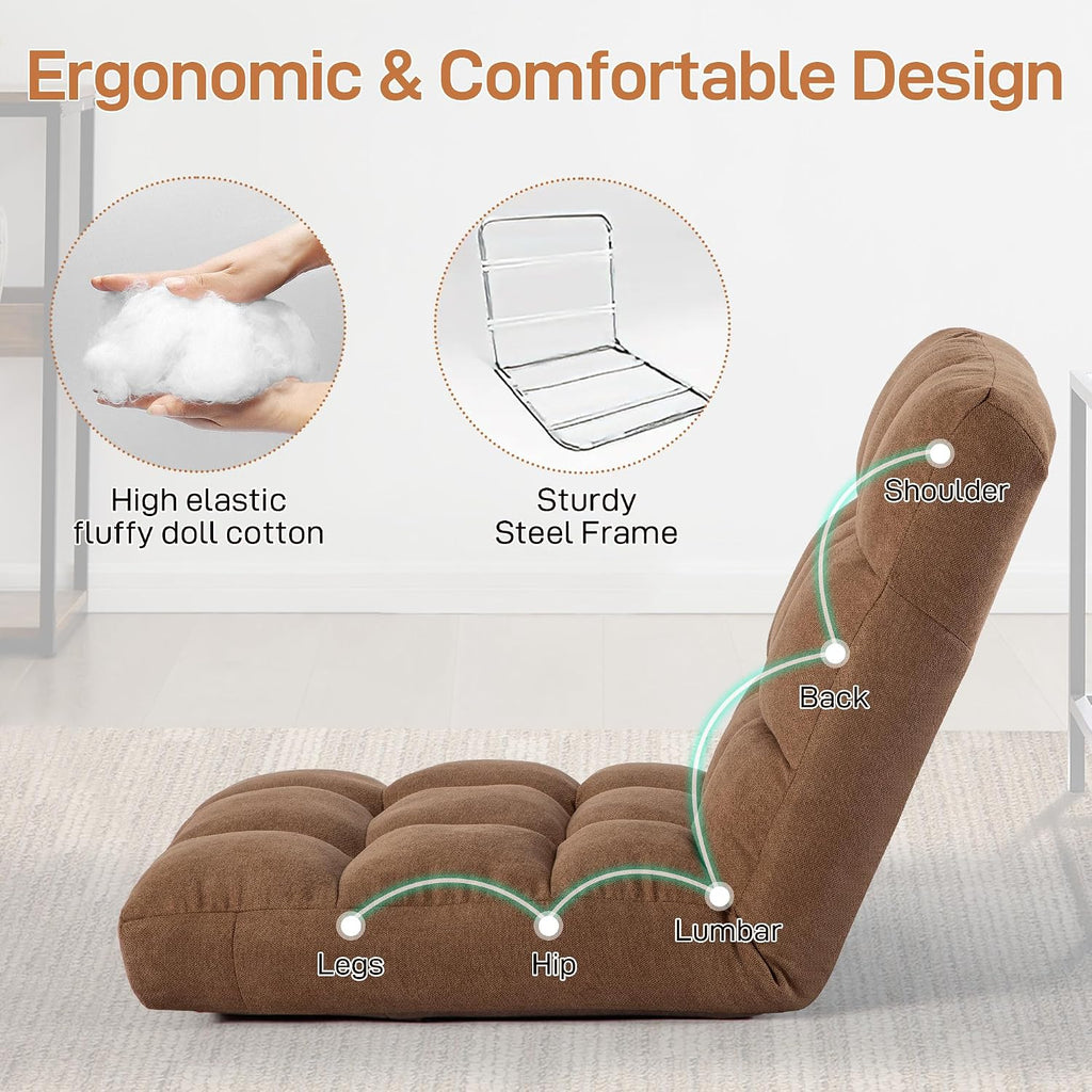 Floor Chair with Back Support Folding Chair with 6 Adjustable Position, Padded Sleeper Bed, Floor Gaming Chair, Meditation Chair, Gaming Floor Chairs for Adults (Country Rustic, Tan)
