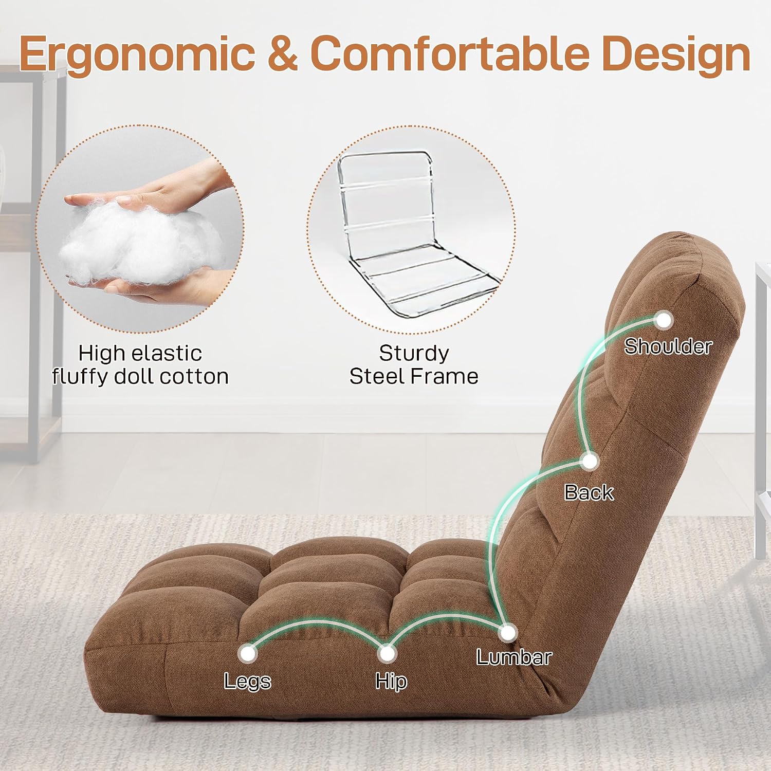 Floor Chair with Back Support Folding Chair with 6 Adjustable Position, Padded Sleeper Bed, Floor Gaming Chair, Meditation Chair, Gaming Floor Chairs for Adults (Country Rustic, Tan)