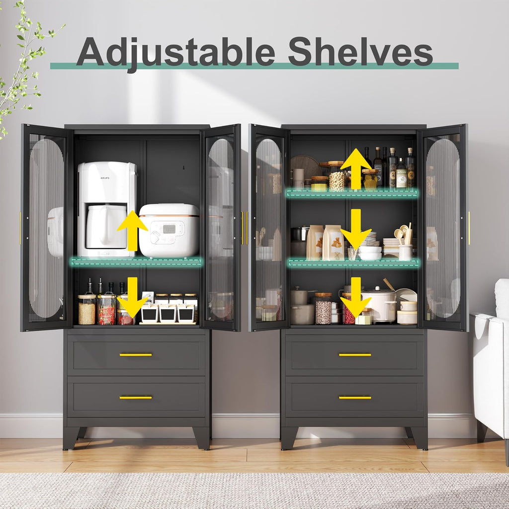 winiowa 61" Tall Kitchen Pantry Storage Cabinet, Black Metal Storage Cabinet with Adjustable Shelves & Glass Doors & Drawers, Food Pantry Cabinets for Kitchen, Bathroom, Dinning Room, Living Room