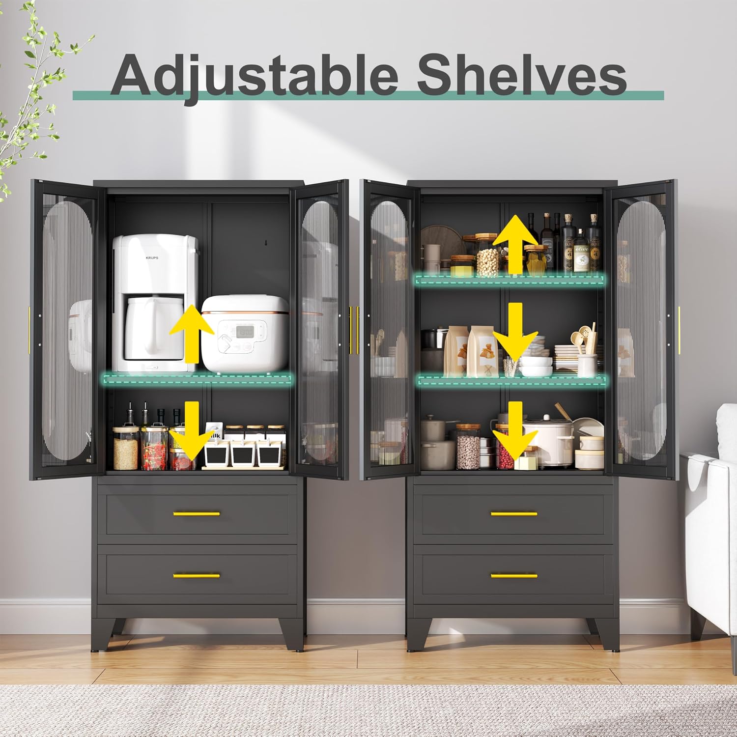 winiowa 61" Tall Kitchen Pantry Storage Cabinet, Black Metal Storage Cabinet with Adjustable Shelves & Glass Doors & Drawers, Food Pantry Cabinets for Kitchen, Bathroom, Dinning Room, Living Room