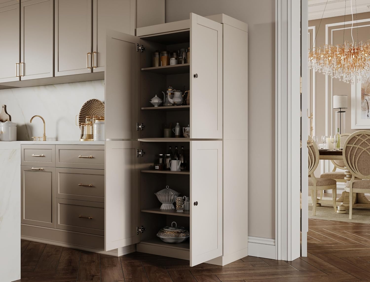 Palace Imports Solid Wood Kitchen Pantry Cabinet - 71.5" Tall x 32" Wide - Wooden Storage Cabinet with 4 Shaker Doors & 4 Adjustable Shelves, Beige, 100% Renewable Eco-Friendly Wood, Made in Brazil