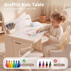 Kinder King Kids Table & Chair Set, Folding Children Activity Table w/Tilt Tabletop, Graffiti & Building Blocks, Book Stand, Storage, Toddler Furniture Set for Classroom, Daycare, Home, Age 3+, Beige