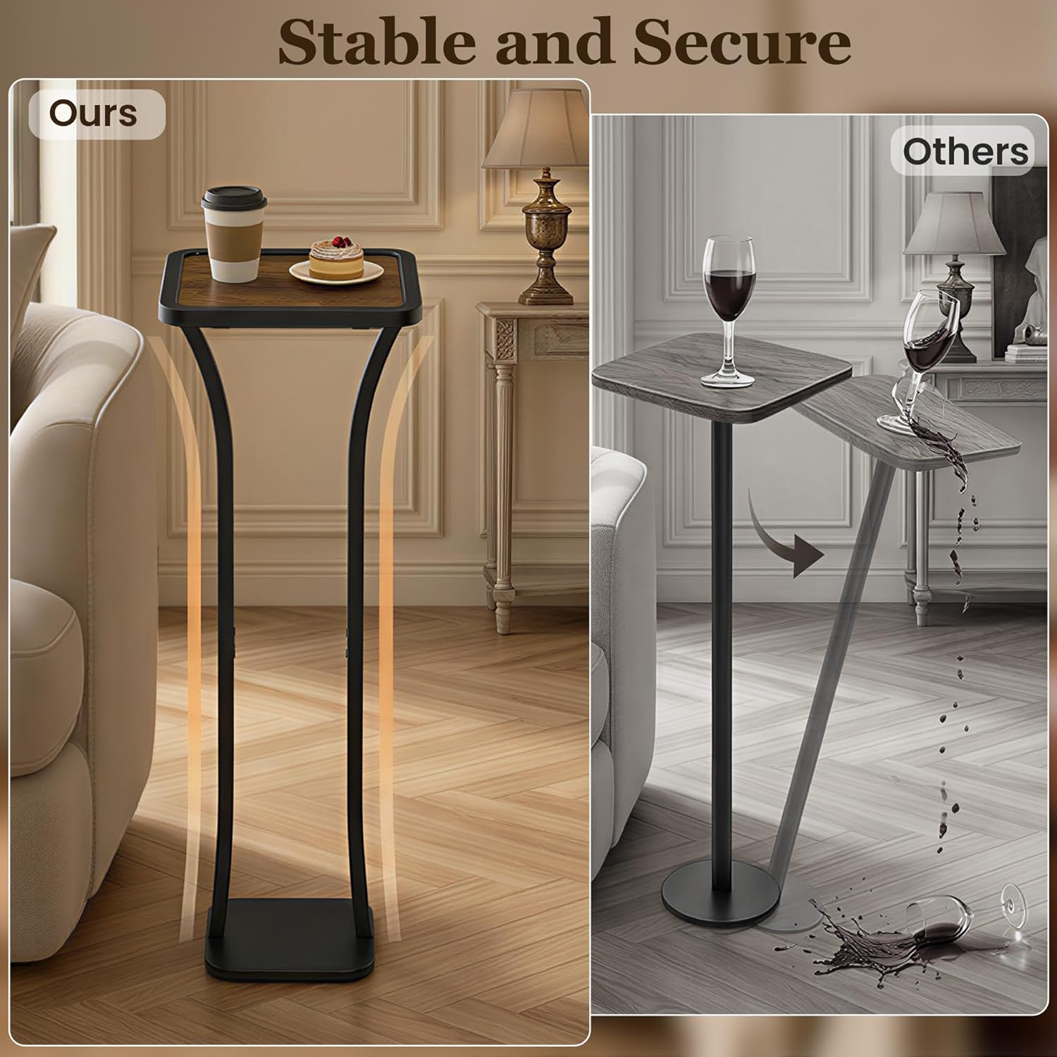 Small Square Side Table, Drink Table with Weighted Base, Solid Wood & Metal Accent Table for Small Spaces, Pedestal End Table for Living Room, Bedroom, Office(Black + Walnut)
