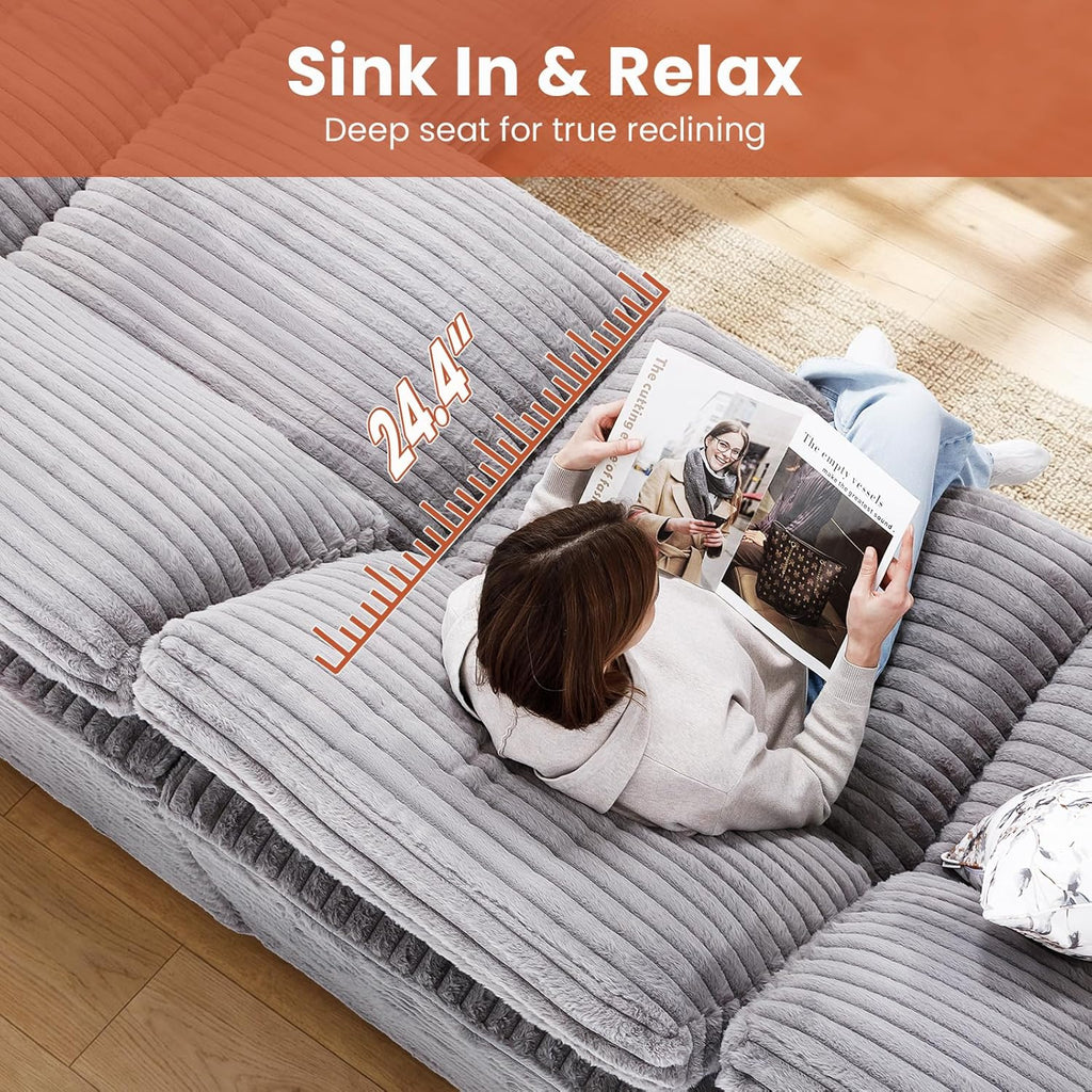 KKL 150" Modular Sectional Sofa, Cloud Sectional Couch U-Shaped with Ottoman, Corduroy Boneless Couch for Living Room Bedroom, Deep-Seat Upholstered Modular Cloud Sofa, No Assembly Required, Grey