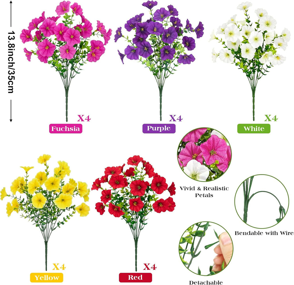 20 Bundles Artificial Flowers for Outdoors, Fake Flower UV Resistant Silk Morning Glory Petunias Eucalyptus Faux Plants for Outside Planter Vase Garden Yard Porch Window Home Decor, Multicolor