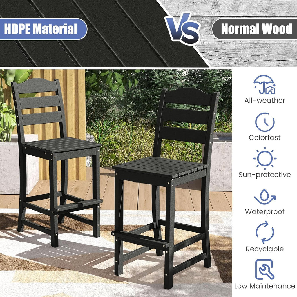 Tangkula Patio HDPE Barstool, Outdoor High Top Bar Chair w/Backrest & Footrest, All-Weather Wood-Plastic Bar Height Chair for Poolside, Backyard, Porch (4, Black)