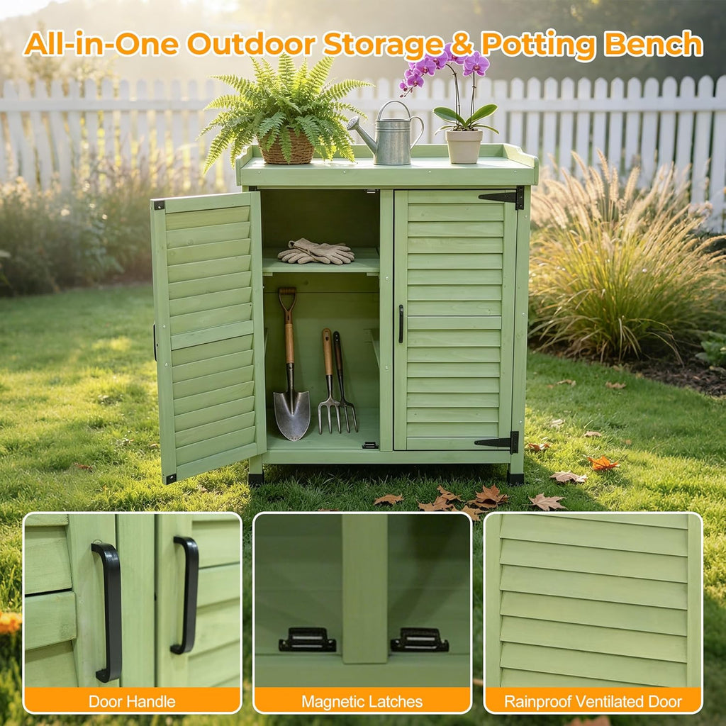 Outdoor Garden Storage Cabinet with Potting Bench, Wood Cabinet with Metal Top, Planting Workstation Table for Patio, Backyard and Garden Tools (Green)