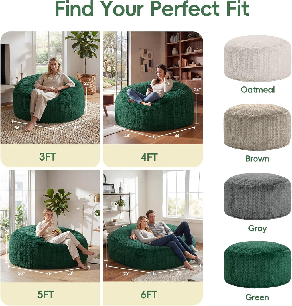 4FT Bean Bag Chair Large Beanbag Chairs for Adults with Memory Foam Removable Cover Luxurious Braided Fabric, Adult Bean Bag Chairs for Living Room Bedroom Gaming Dorm Office（Green,4FT-44"*44"*24"）