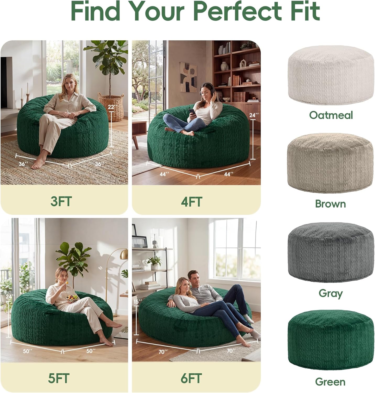 4FT Bean Bag Chair Large Beanbag Chairs for Adults with Memory Foam Removable Cover Luxurious Braided Fabric, Adult Bean Bag Chairs for Living Room Bedroom Gaming Dorm Office（Green,4FT-44"*44"*24"）