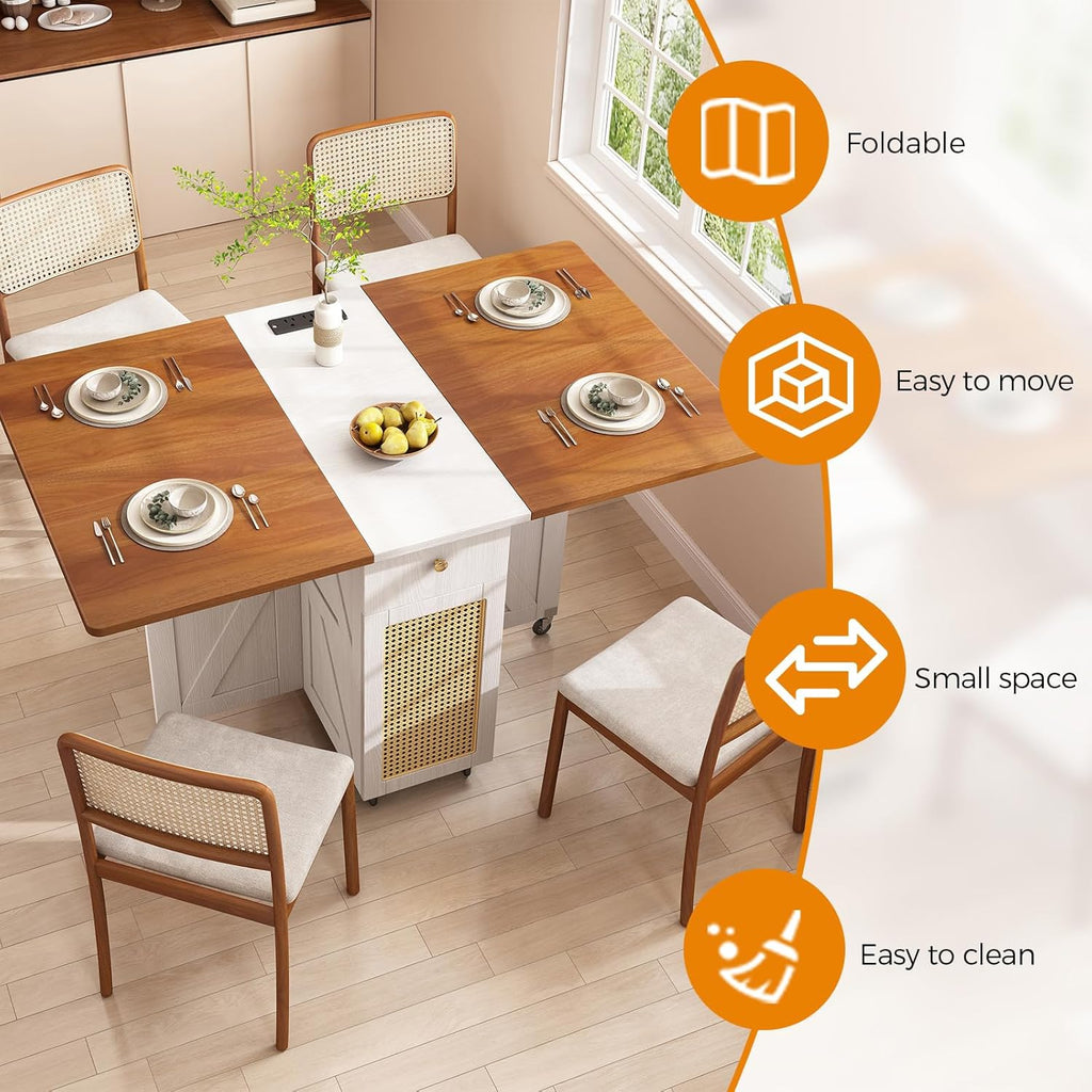 51″ Transformer Table for 2-4, Farmhouse Foldable Dining Table with Drawer and Power Outlet, Small Dining Table with 6 Wheels for Small Space, Walnut
