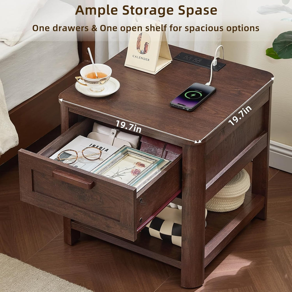 Joaxswe Farmhouse Side Tables Living Room, Small Nightstand with 1 Drawers & Open Shelving & 4 Thickened Table Legs, Walnut