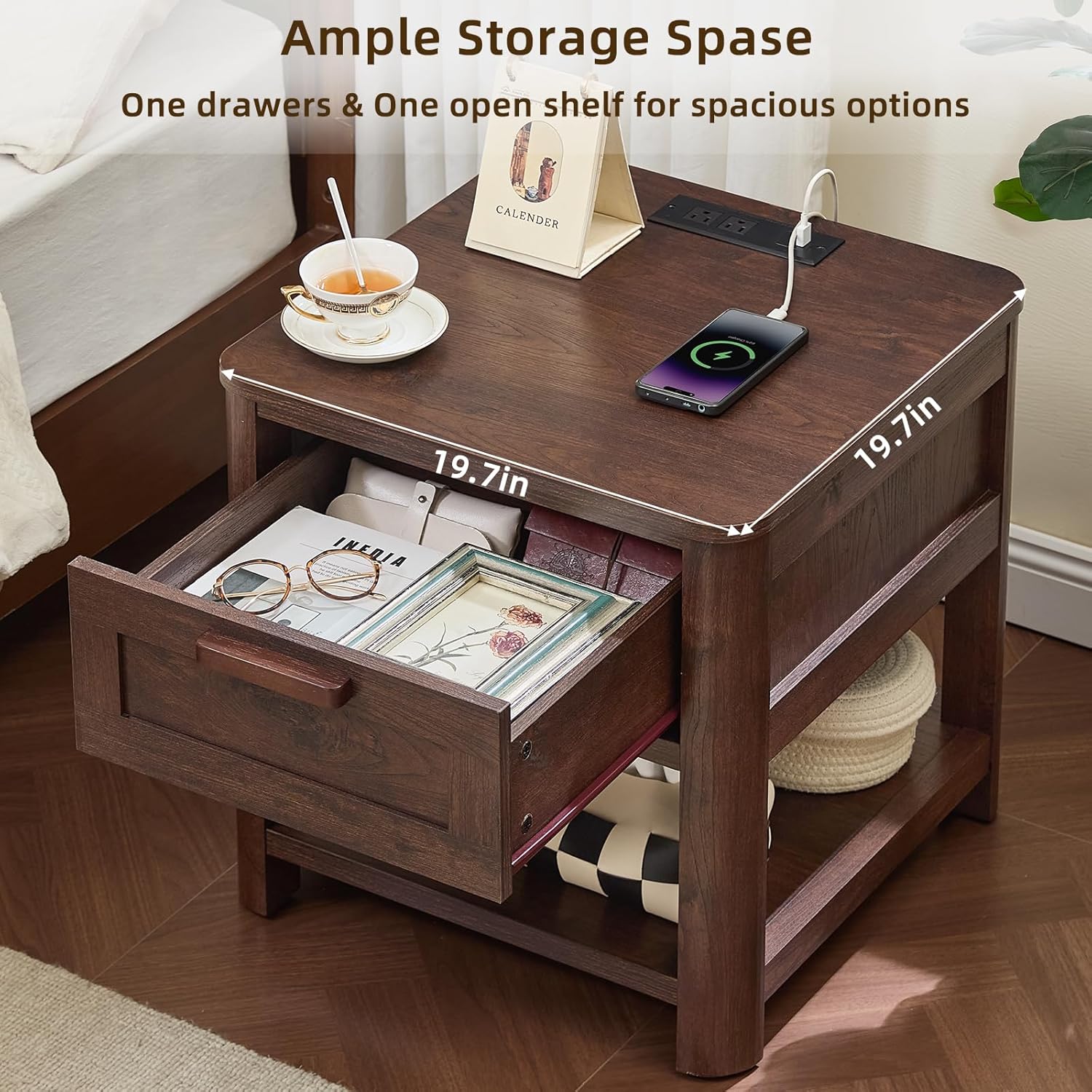 Joaxswe Farmhouse Side Tables Living Room, Small Nightstand with 1 Drawers & Open Shelving & 4 Thickened Table Legs, Walnut