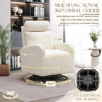 Modern Swivel Glider Chair, Upholstered Accent Glider Rocker for Baby Nursery, Comfy Tall Back Rocking Armchair with Side Pocket and Headrest for Living Room, Bedroom, White Teddy Fabric