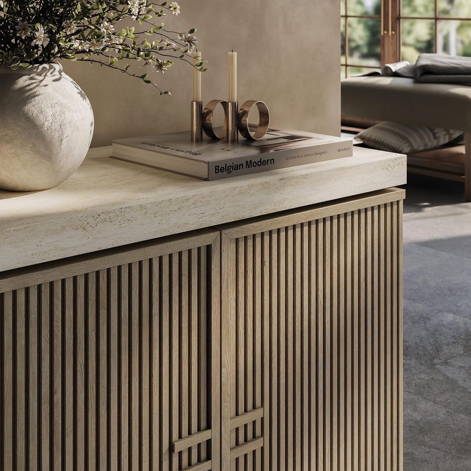 BELLEZE Set of 2 Anton 2 Door Sideboard Buffet Cabinet with Travertine-Look Top, Fluted Reeded Doors, Adjustable Shelf Storage Credenza for Dining Room Living Room Entryway, Travertine Greige